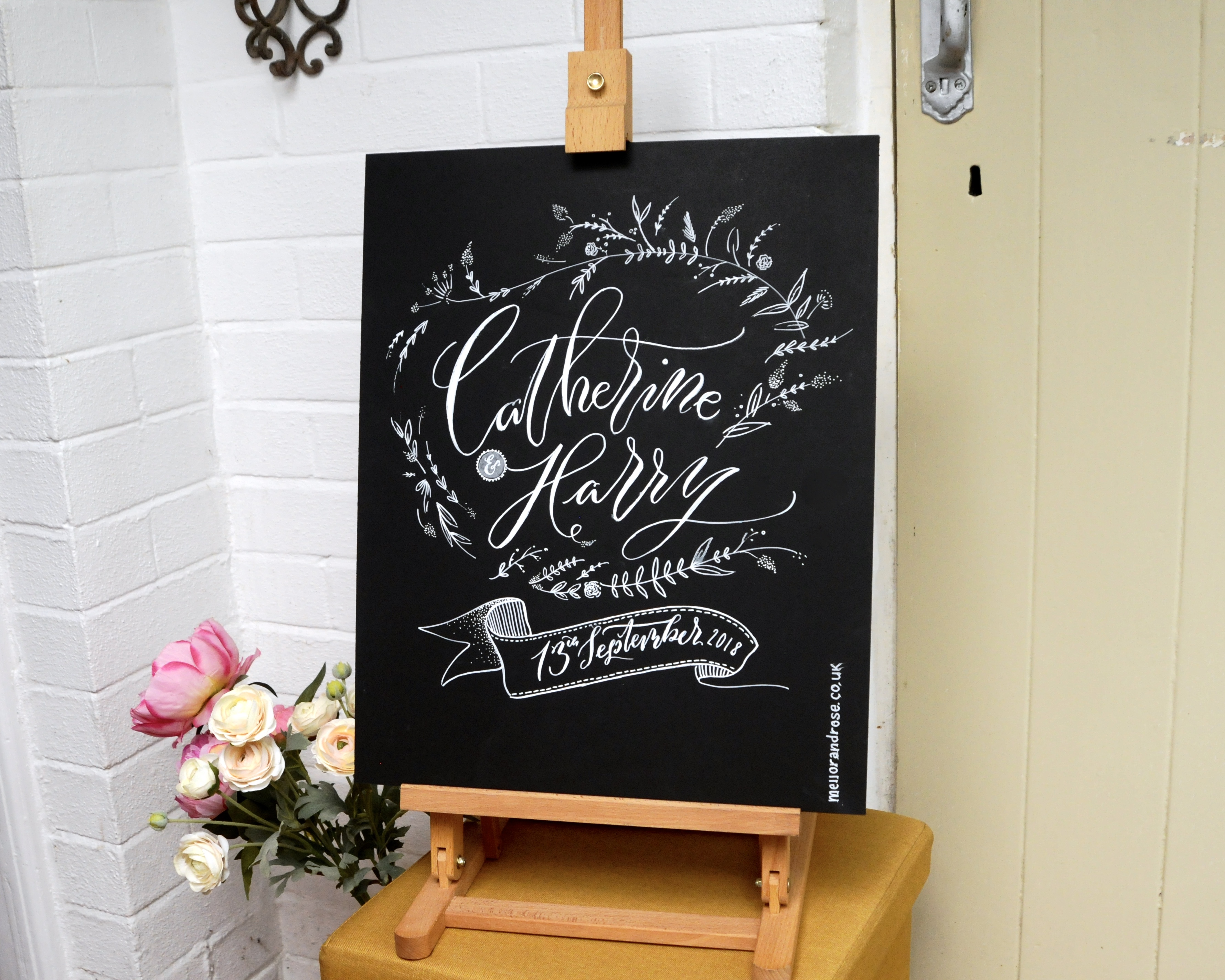 Personalised hand lettered chalkboard/ blackboard by Mellor and Rose in Lancashire