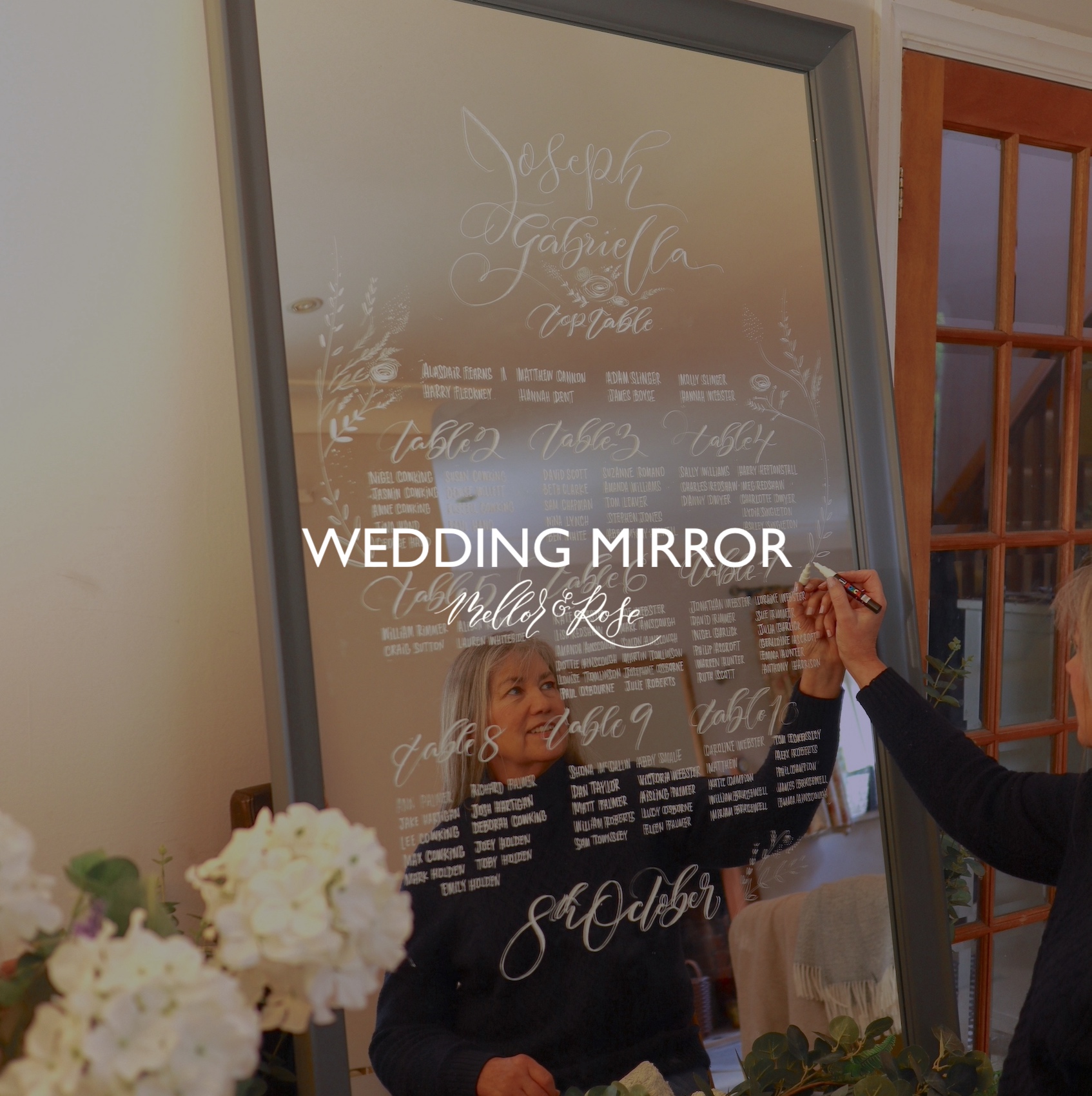 Handlettered Wedding Mirror Table Plan by Mellor & Rose